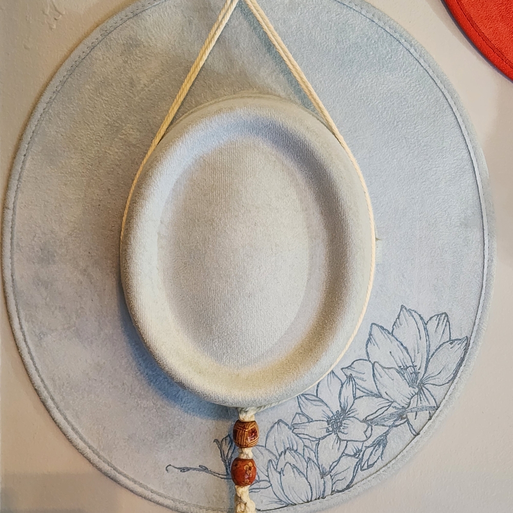 Custom Handmade Magnolia Hand Burned Pale Blue Wide Brim Hat W Macrame Hanger